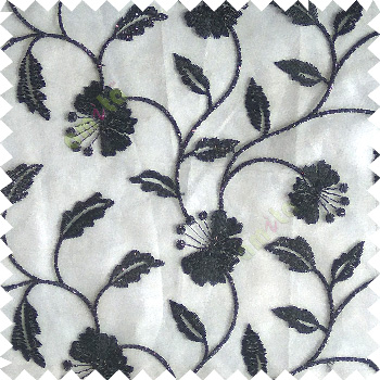 Black silver color beautiful natural flower leaf vertical flowing embroidery texture finished with transparent net fabric see through sheer curtain