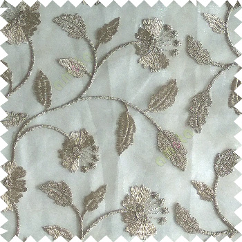 Beige silver color beautiful natural flower leaf vertical flowing embroidery texture finished with transparent net fabric see through sheer curtain