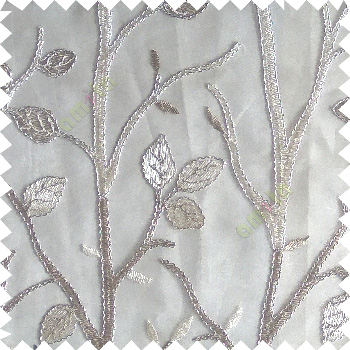 Beige silver color natural tree leaf elegant look texture finished embroidery designs traditional patterns transparent background sheer curtain