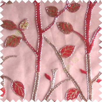 Red silver color natural tree leaf elegant look texture finished embroidery designs traditional patterns transparent background sheer curtain
