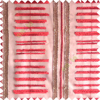 Red gold color horizontal and vertical embroidery stripes with transparent background sheer curtain