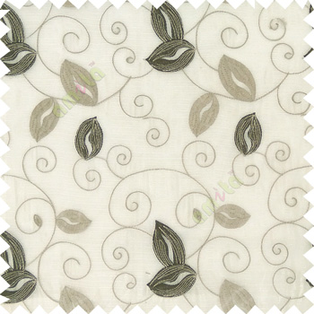 Brown white grey color embroidery traditional designs floral leaf pattern horizontal lines with transparent base fabric sheer curtain