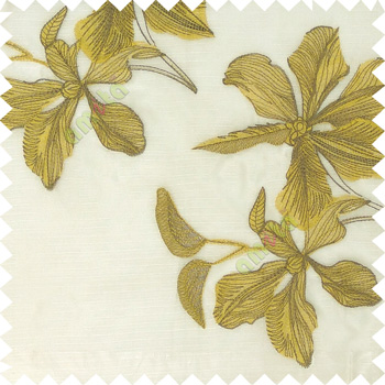 Yellow cream brown color embroidery flower beautiful designs leaf branch texture background sheer curtain