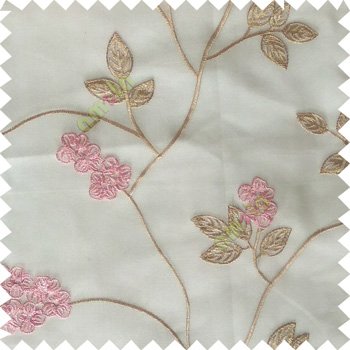 Pink beige white color beautiful natural floral leaf design embroidery patterns with transparent base fabric flowers blossom sheer curtain