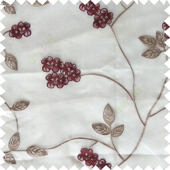 Maroon white beige color beautiful natural floral leaf design embroidery patterns with transparent base fabric flowers blossom sheer curtain