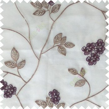 Purple grey color beautiful natural floral leaf design embroidery patterns with transparent base fabric flowers blossom sheer curtain