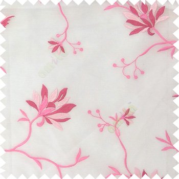 Pink white color natural floral embroidery patterns horizontal lines with transparent polyester fabric leaf flower buds sheer curtain