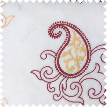 Red yellow white color beautiful traditional paisley pattern swirls design with transparent polyester fabric sheer curtain