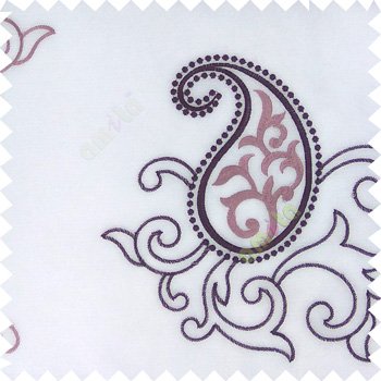 Purple white color beautiful traditional paisley pattern swirls design with transparent polyester fabric sheer curtain