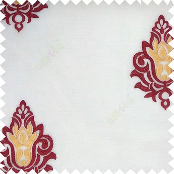 Maroon white yellow color traditional damask design horizontal lines with transparent fabric sheer curtain