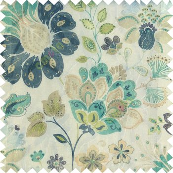 Blue purple green white grey color beautiful traditional flower texture finished base fabric long flowing leaves with net transparent background leaves sheer curtain