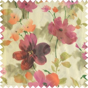 Purple pink green cream red color beautiful long stem support flower texture fabric leaves transparent net base fabric sheer curtain