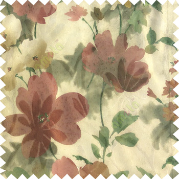 Dark green brown cream color beautiful long stem support flower texture fabric leaves transparent net base fabric sheer curtain