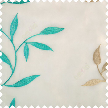Aqua blue beige white color Floral leaves vertical long twigs embroidery patterns polyester base transparent net fabric sheer curtain