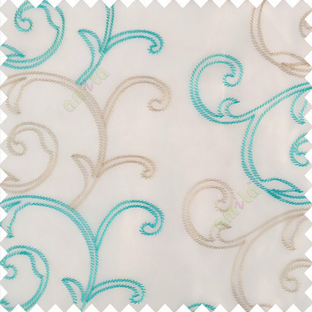 Aqua blue beige white color traditional embroidery large size swirl patterns with transparent net fabric sheer curtain