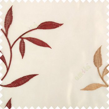 Maroon brown beige color Floral leaves vertical long twigs embroidery patterns polyester base transparent net fabric sheer curtain