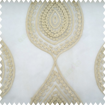 Beige color traditional ikat designs traditional finished embroidery zigzag square small stars thread borders with transparent net base polyester sheer curtain
