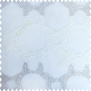 White silver color big circles geometric patterns silver zari designs small polka dots honeycombs with transparent net base fabric sheer curtain