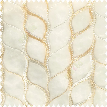 Beige cream white traditional ogee designs with embroidery patterns contemporary look zigzag soft and zari mixed weaving on polyester net base fabric sheer curtain