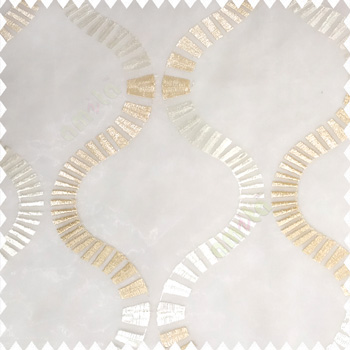 Beige cream white color vertical bold flowing stripes traditional ogee pattern texture finished designs soft and zari mixed embroidery polyester look transparent base fabric sheer curtain