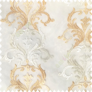 Beige cream white color traditional damask pattern embroidery zari weaving designs with net finished background polyester sheer curtain