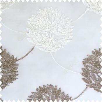 Grey cream white color big texture floral leaves interconnected with embroidery chain small leaf bunch polyester net base fabric sheer curtain