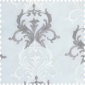 Grey cream white color traditional damask pattern embroidery zari weaving designs with net finished background polyester sheer curtain