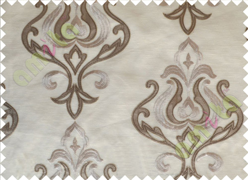Beige Brown Color Leatherette Damask Patch with Transparent Background Polycotton Sheer Curtain-Designs