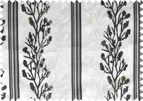 Black white beige color twigs with stripes poly sheer curtain - 102488