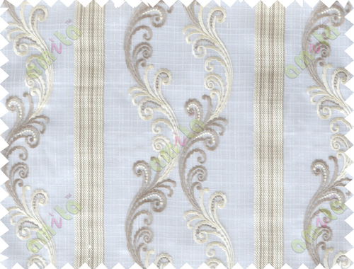 White brown beige traditional motif with vertical pencil stripes poly sheer curtain designs