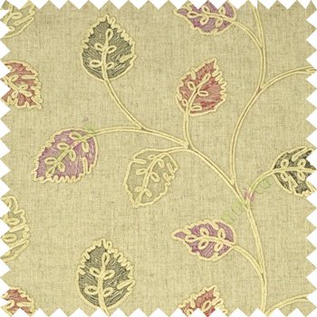 Linen embroidery red grey pink turquoise blue leaf with beige cotton look base main curtain