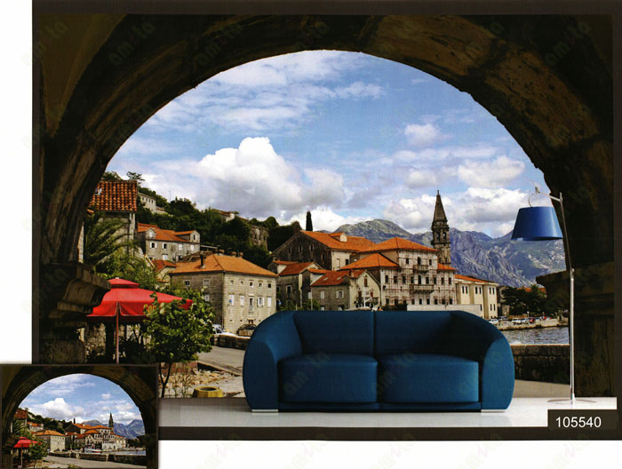 3d hill town village wall mural