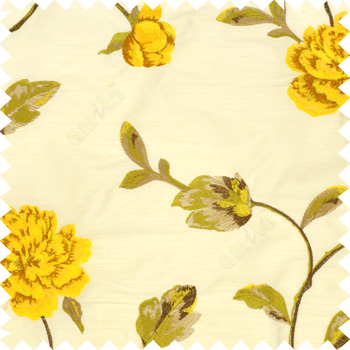 Big yellow rose flower with green leaves on a half white base silk slub texture main curtain