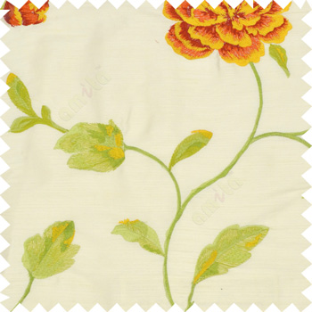 Big bright red and yellow rose flower with green and yellow mixed leaves brown stem on a half white base silk slub texture main curtain