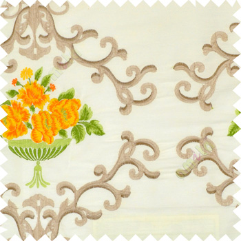 Yellow green beige white color beautiful damask embroidery design with beautiful decorative rose flower small leaves transparent base fabric poly main curtain