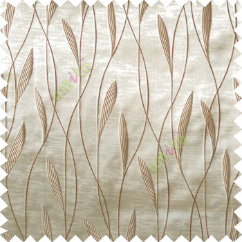 Beige brown color vertical flowing lines with embroidery leaf design trendy stripes  pattern with polyester transparent fabric Main curtain