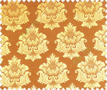 Traditional yellow gold damask temple design palace royal design on dark brown gold base main curtain