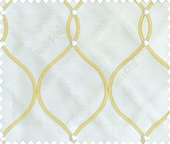Traditional Palace look Mustard yellow embroidery on half white cream base fabric with damask and intersecting waves design main curtain