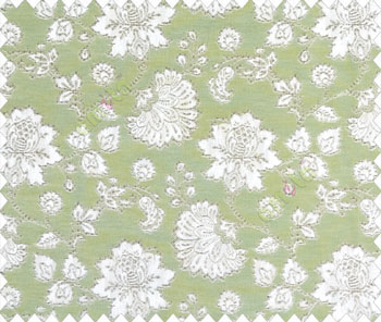 Beautiful Chinese Flower with Copper border with small buds and leaves continuous design on Green Beige main curtain