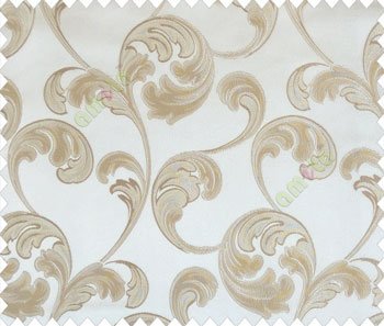 Large scroll with beige brown flower with embossed look on half white cream shiny fabric main curtain