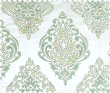 Large aqua blue green beige damask with embossed look on cream shiny fabric main curtain