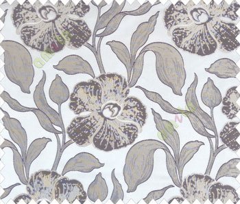 Large beige dark brown leaf and big flower with embossed look on half white cream shiny fabric main curtain