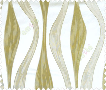 Large abstract green beige waves with embossed look on half white cream shiny fabric main curtain