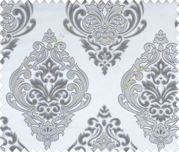Large black beige damask with embossed look on half white cream shiny fabric main curtain