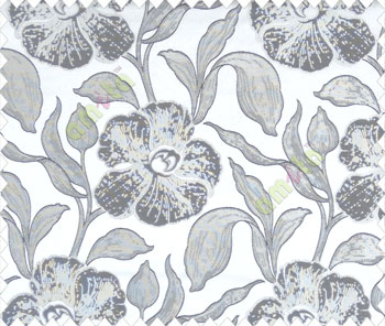 Large black beige leaf and big flower with embossed look on half white cream shiny fabric main curtain