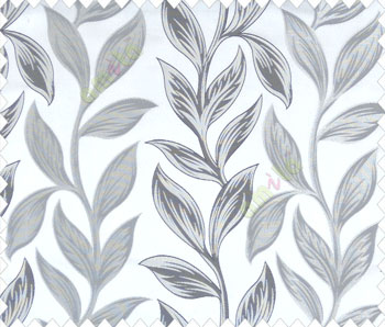 Big black beige leaves on stem with embossed look on half white cream shiny fabric main curtain