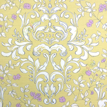 Traditional purple flower with big floral damask petels black border in yellow color backgreound smooth finished wallpaper