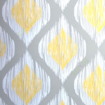 Traditional design yellow grey cream color digiral ogee pattern vertical digital stripes wallpaper