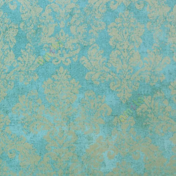 Blue brown gold color traditional big damask design texture finished block prints patterns swirls leaf home décor wallpaper