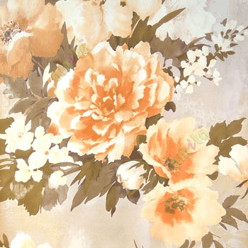 Beautiful orange brown cream summer japanesse flowers with brown green black leaf floral design wallpaper